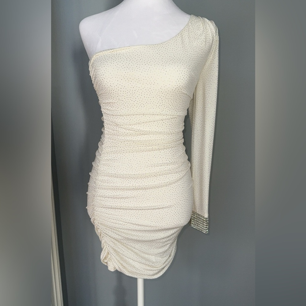 White one sleeve formal dress with gold sparkles